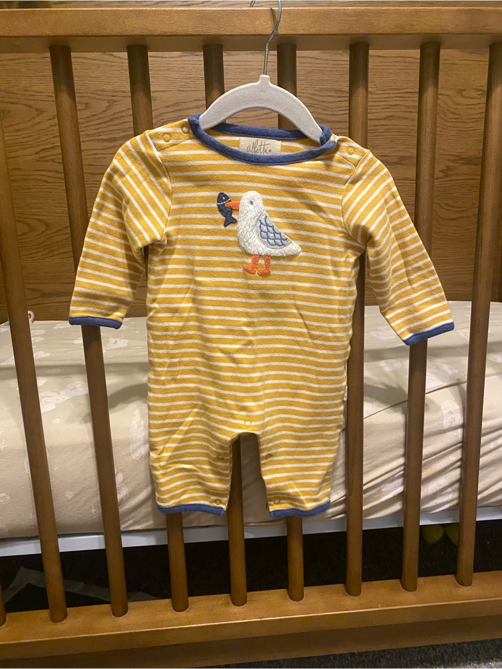Alberta - Yellow Striped Baby Footie with Bird Appliqué